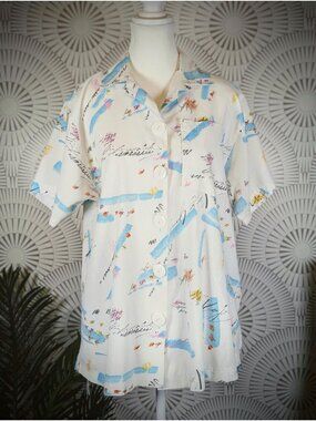 1980's Abstract Print Short Sleeve Button Down Tee - Gender Neutral - Size L/XL